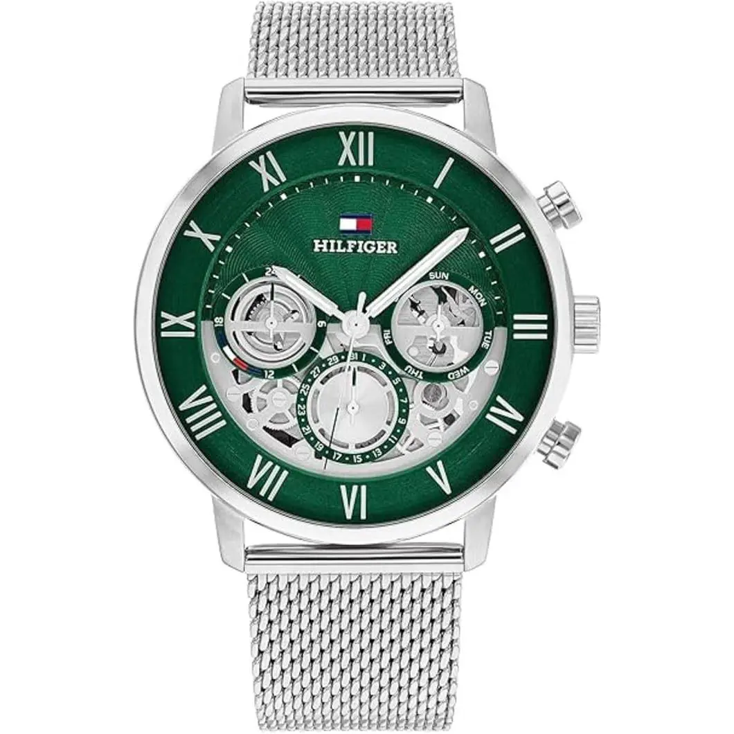Tommy Hilfiger 1710567 Men`s Silver Stainless Mesh Multifunction Green Dial 46mm - Green, Silver