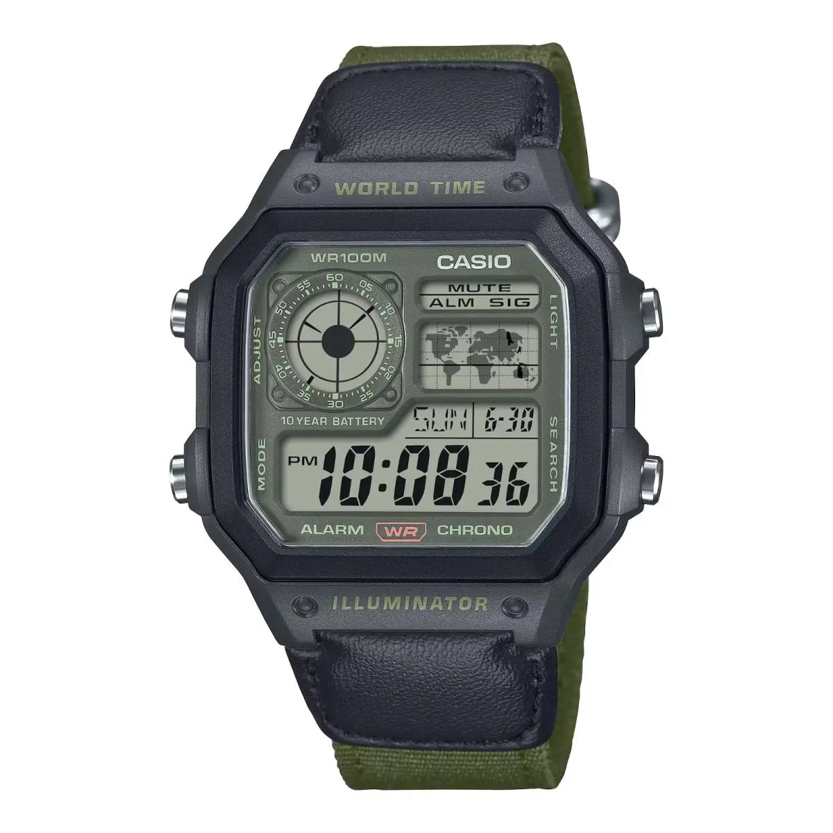 Casio AE1200WHUB-3AV World Time Watch Chronograph 5 Alarms 10 Year Battery - Band: Green