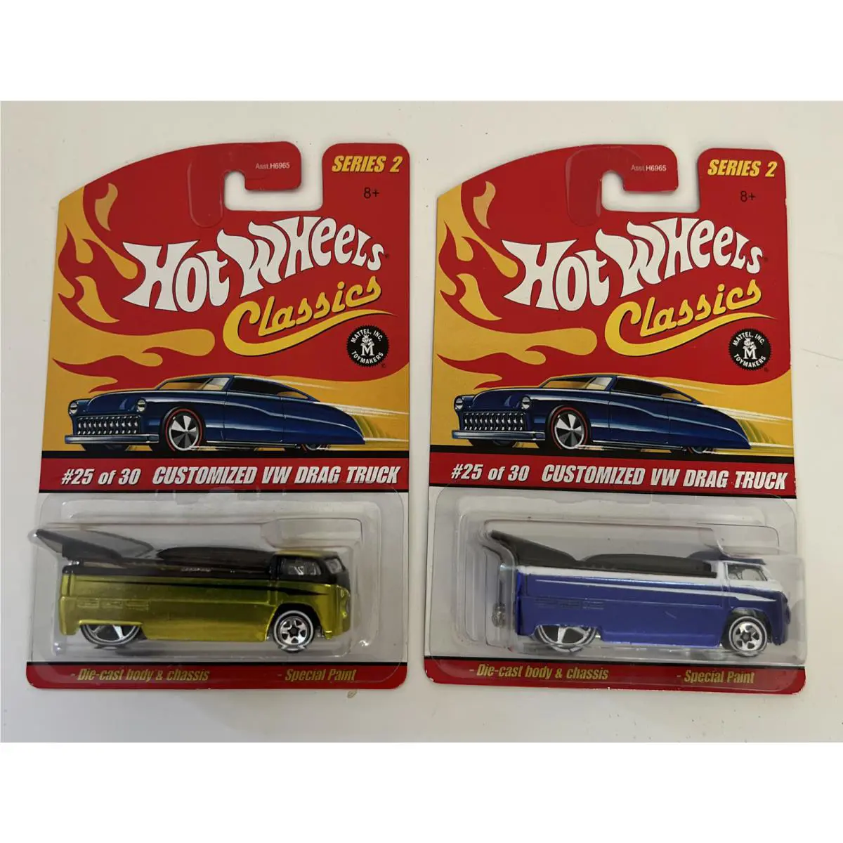 2005 Hot Wheels Classics Customized VW Drag Truck Special Paint Set 2 Green Blue
