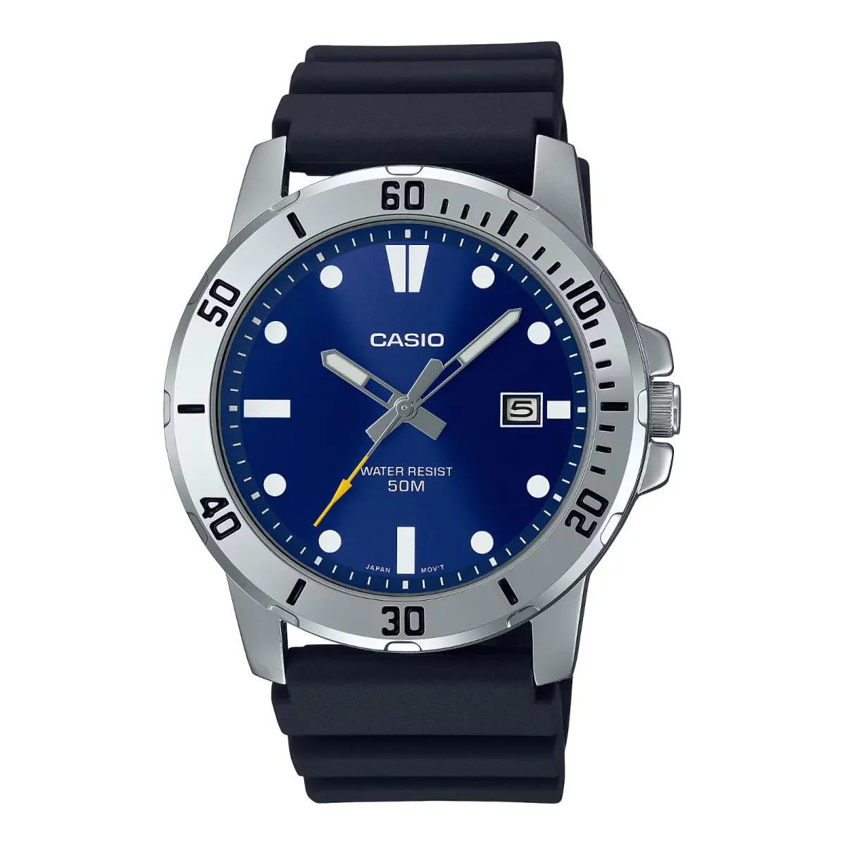 Casio MTPVD01-2EV Men`s Black Resin Watch Analog 50 Meter WR 45MM Case - Dial: Blue, Band: Black