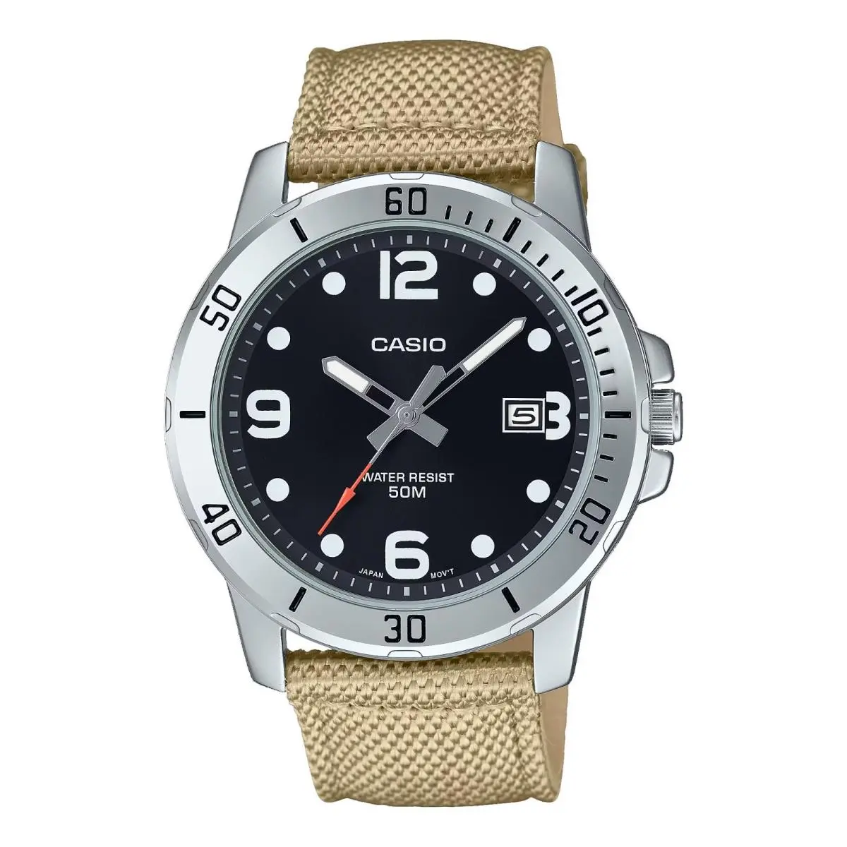 Casio MTP-VD01C-5BV Men`s Enticer Tan Fabric Band Black Dial 50M WR Sports Watch - Dial: Black, Band: Tan, Bezel: Silver