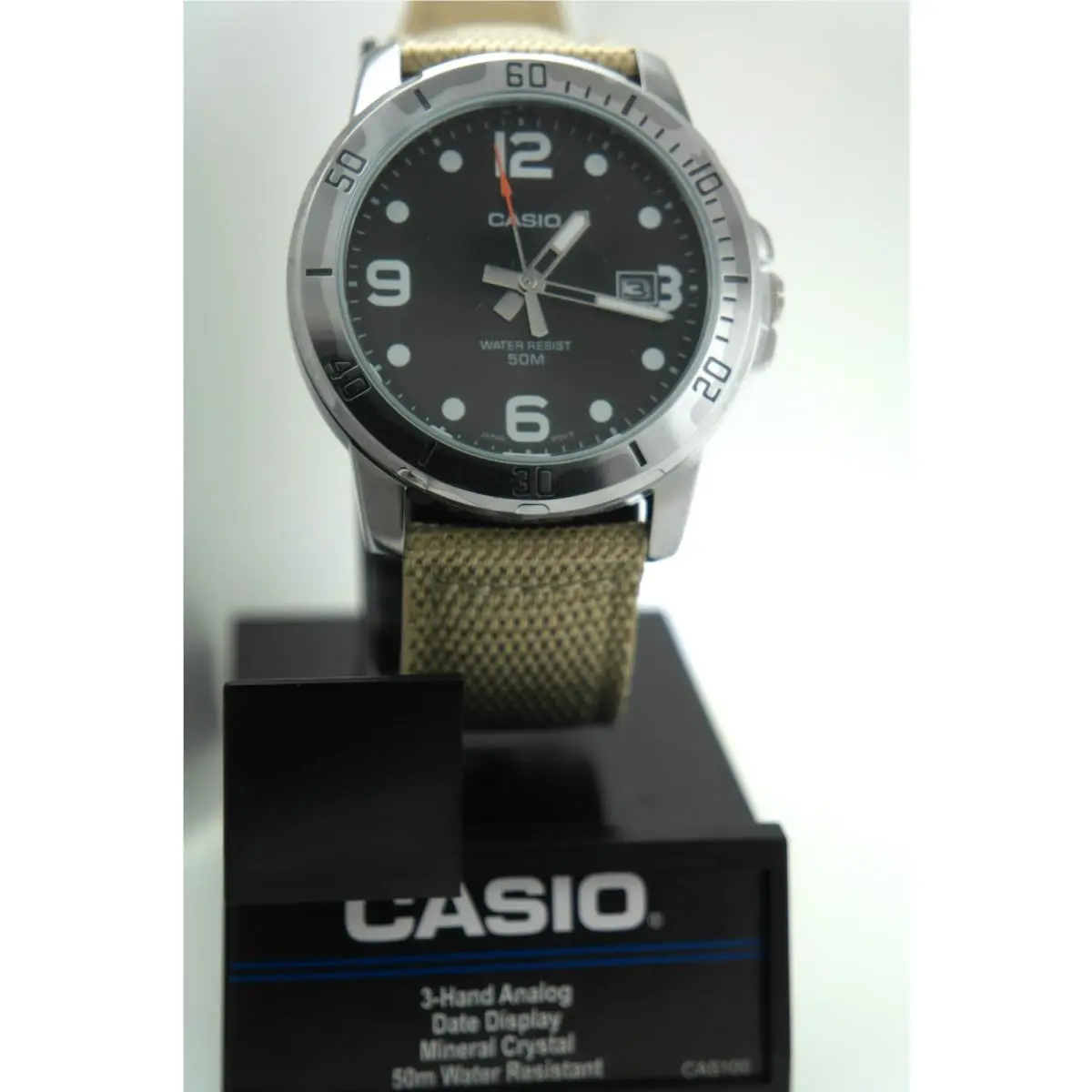Casio MTPVD01C-5BV 45MM Case Black Dial Tan Nylon Band Date 50 Meter WR - Dial: Black, Band: Brown