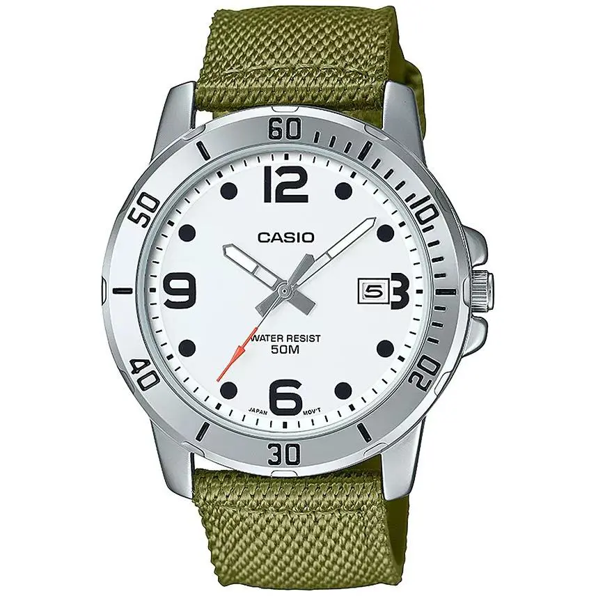Casio MTPVD01C-3BV 45MM Case White Dial Green Nylon Band Date 50 Meter WR