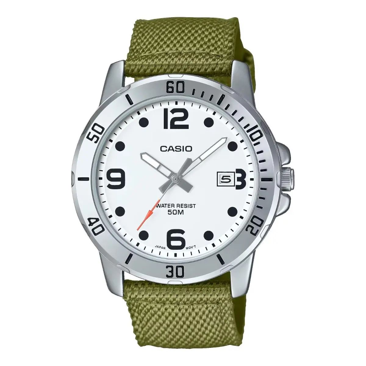Casio MTP-VD01C-3BV Men`s Enticer Fabric Band White Dial 50M WR Sports Watch - Dial: White, Band: Green, Bezel: Silver
