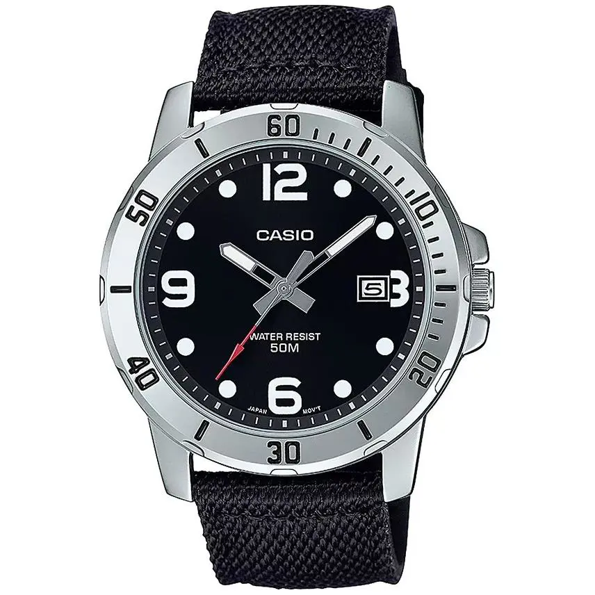 Casio MTPVD01C-1BV 45MM Case Black Dial Black Nylon Band Date 50 Meter WR - Dial: Black, Band: Black