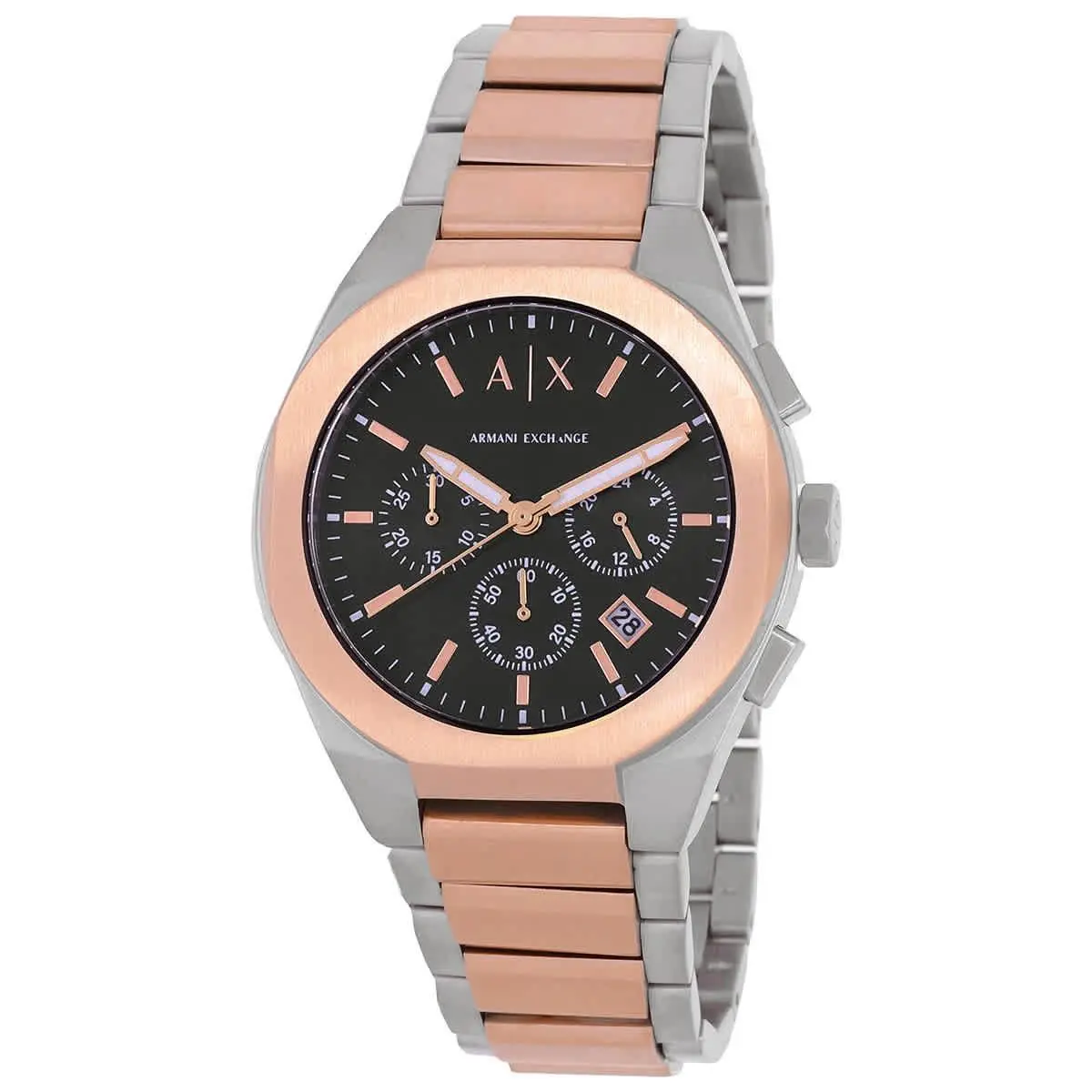 Armani Exchange Rafael Chronograph Quartz Black Dial Men`s Watch AX4181 - Dial: Black, Band: Two-tone (Silver-tone and Rose Gold-tone), Bezel: Silver-tone