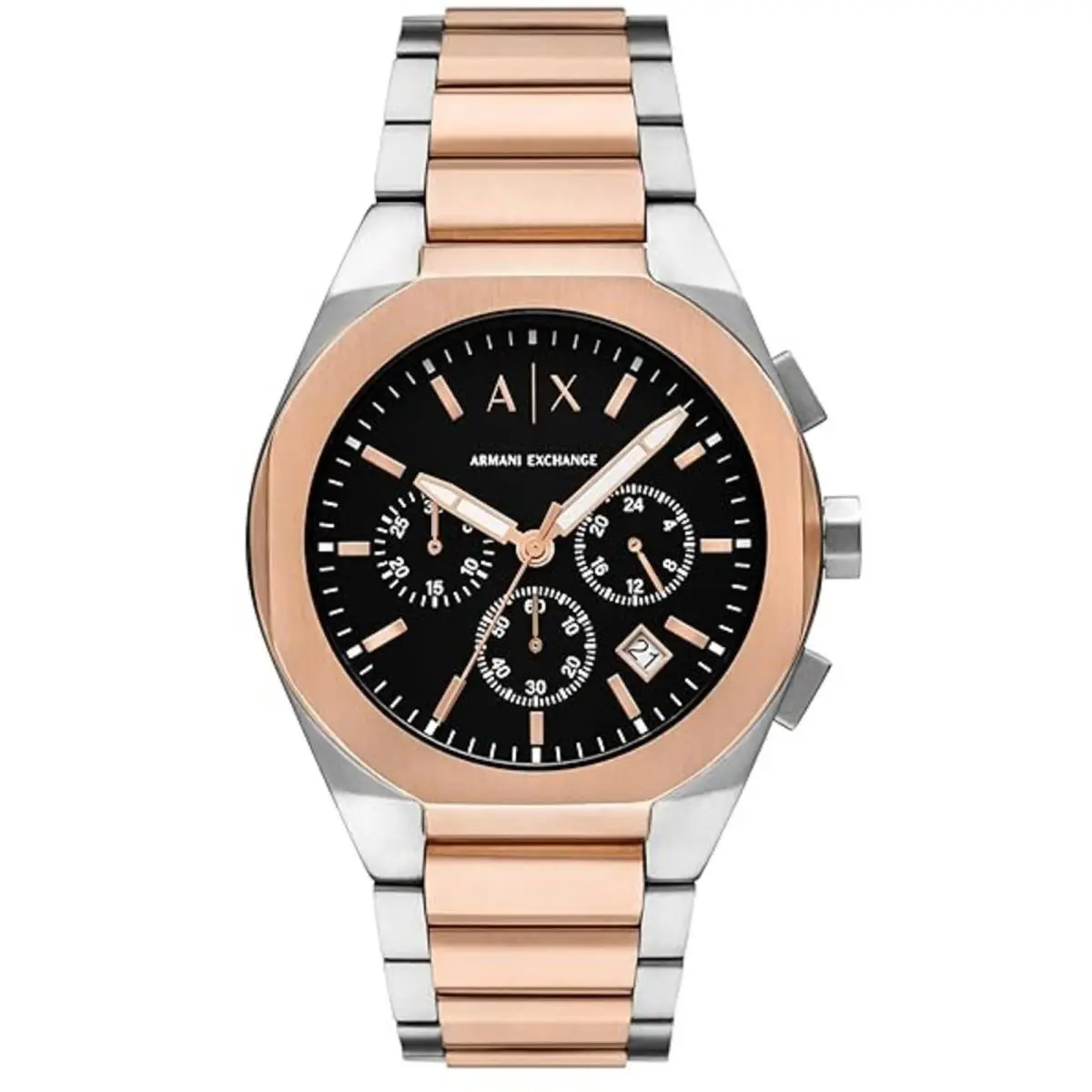 Armani Exchange Men`s Watch Rafael Chrono Black Dial Two Tone Bracelet AX4181 - Dial: Black, Band: Silver, Rose