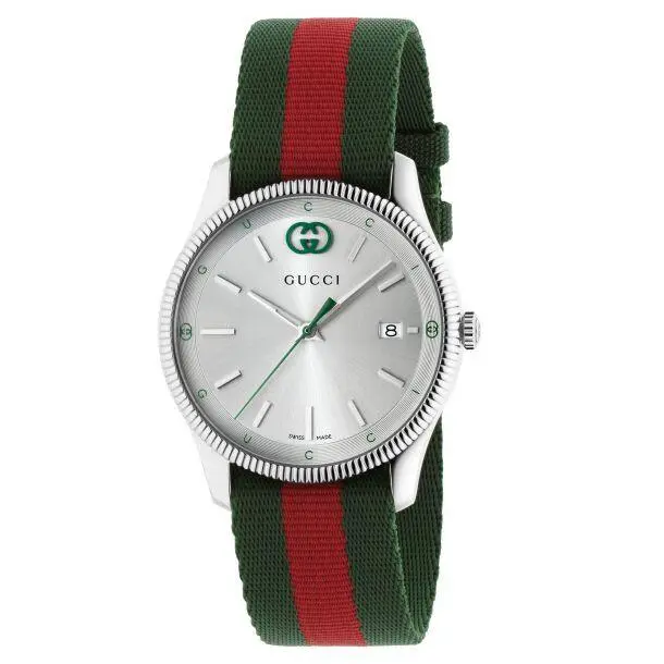 Gucci G-timeless Silver Dial Green and Red Nylon Strap Watch 38mm YA1264236