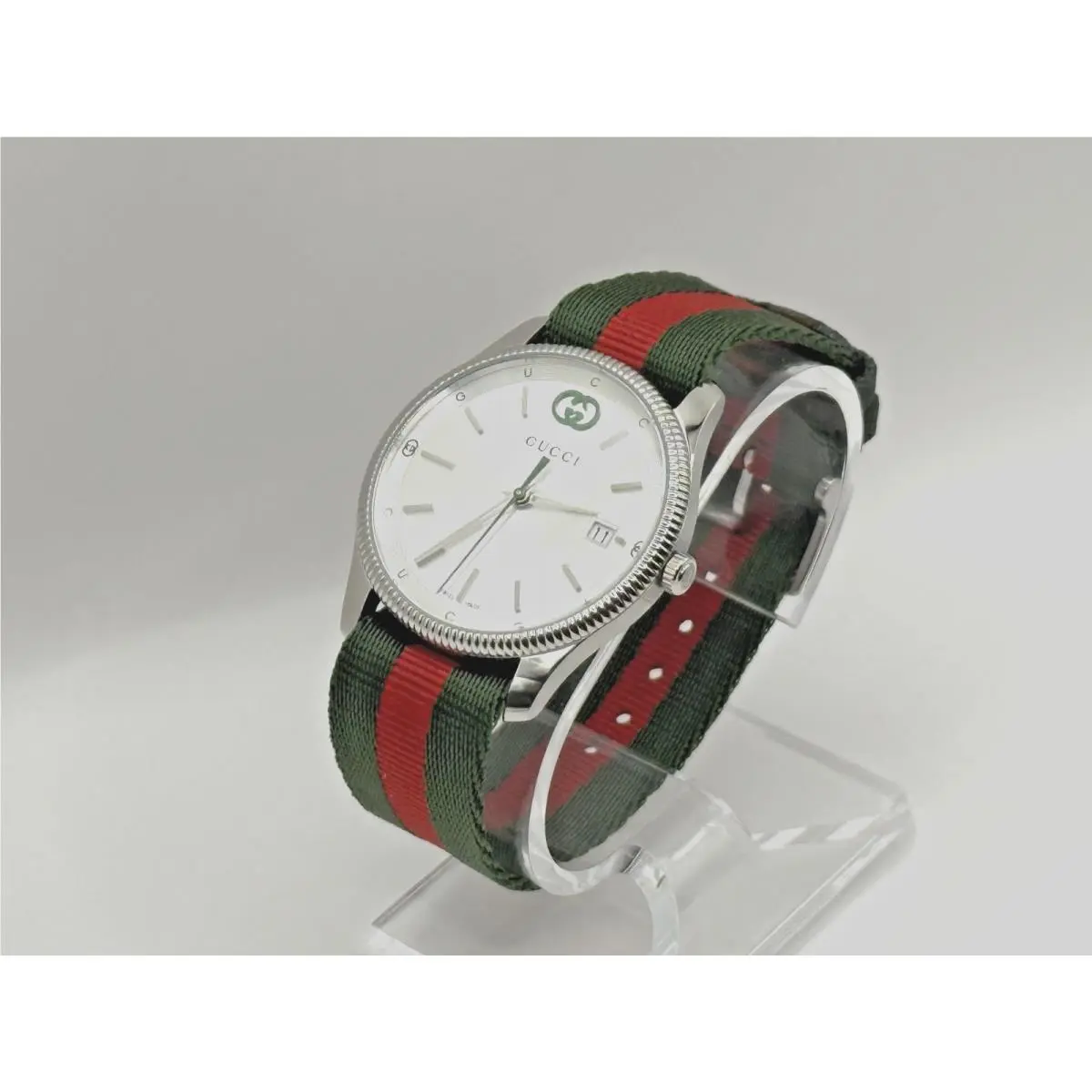 Gucci G-timeless Silver Dial Green and Red Nylon Strap Watch 38mm YA1264236