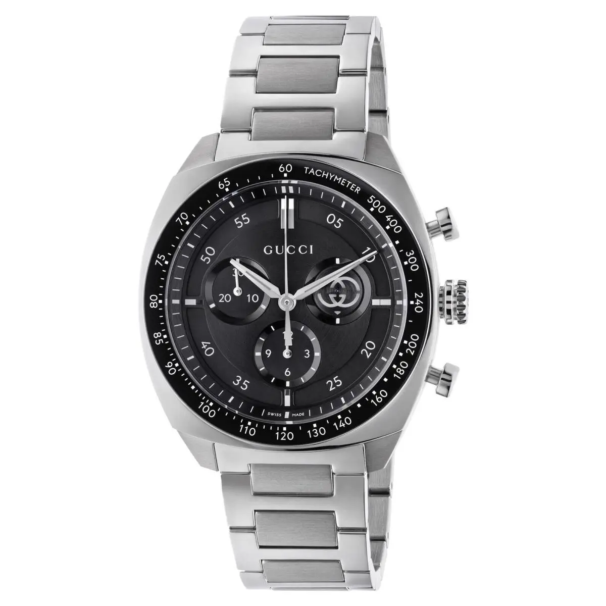 Gucci Interlocking G YA142316 41mm Chronograph Watch - Dial: Black, Band: Silver