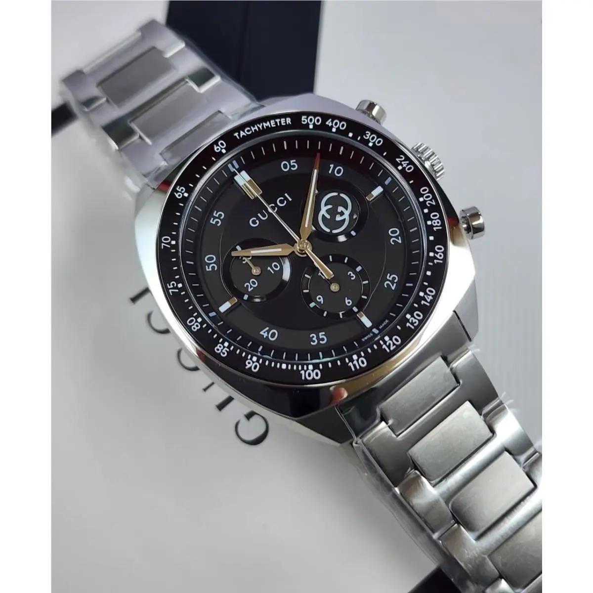 Gucci G-timeless Chronograph Men`s Black Dial Stainless Steel Watch YA142316