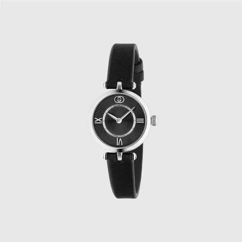 Gucci Model 2000 Quartz 24mm Black Dial Leather Band Watch YA167503