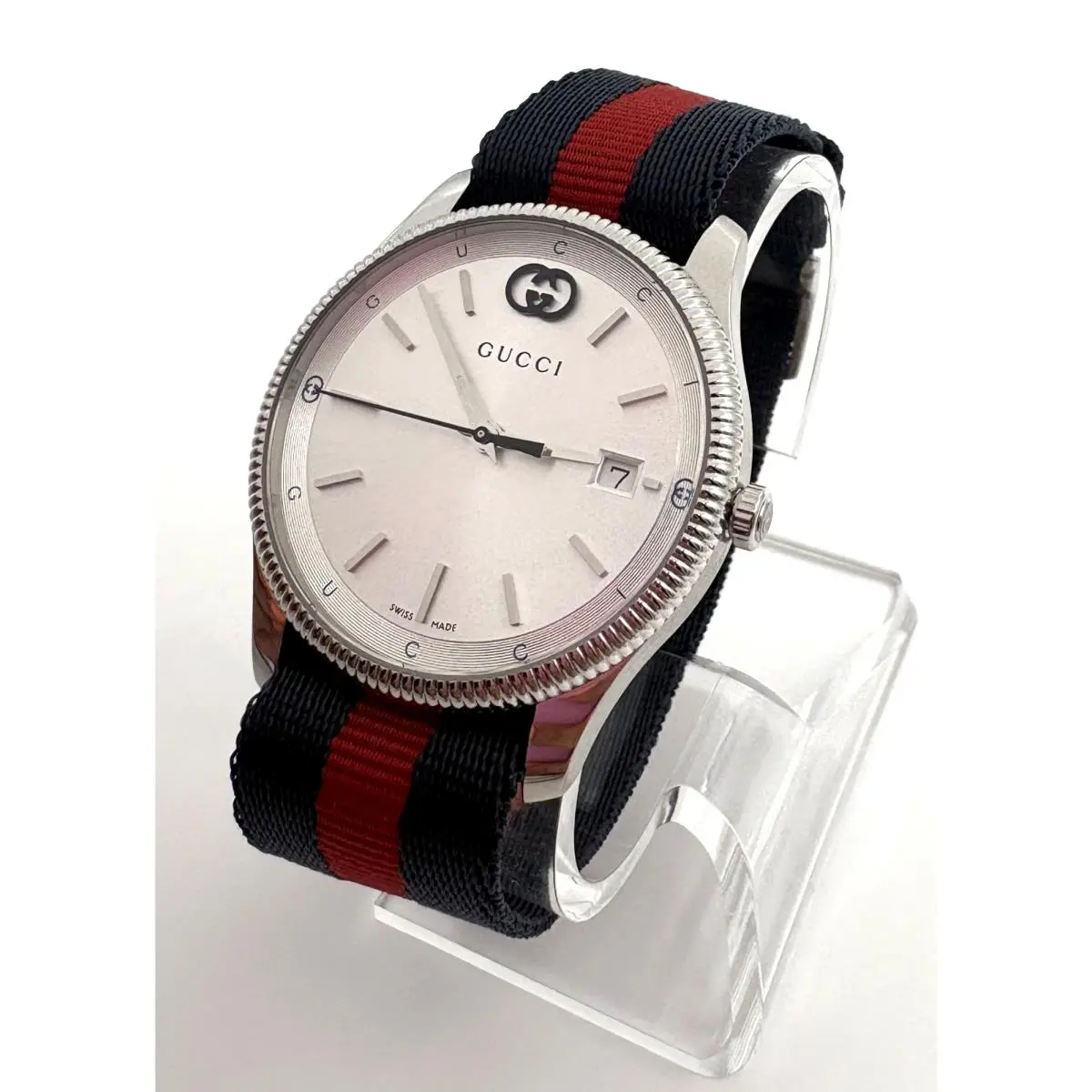 G-timeless Silver Dial Blue/red Nylon Strap Quartz Unisex Watch YA1264237 by Gucci