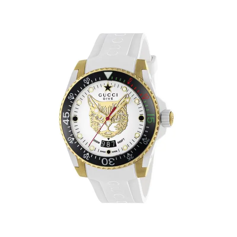 Gucci Dive Ladies 40mm Gold Tone Feline Watch YA136322 - Dial: White, Band: White