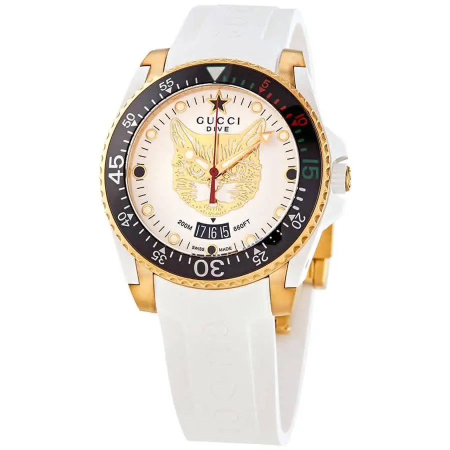 Gucci Dive Quartz White Dial Ladies Watch YA136322 - Dial: White, Band: White, Bezel: Yellow Gold PVD