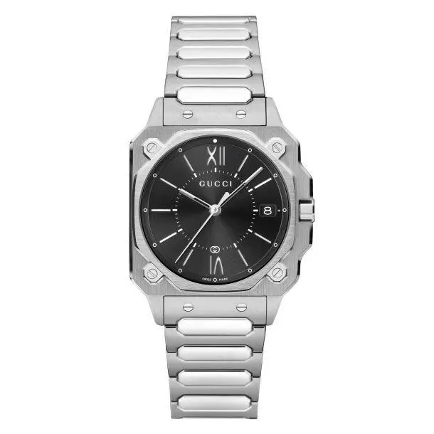 Gucci G-flat 30mm Black Dial Stainless Steel Bracelet Watch YA166505
