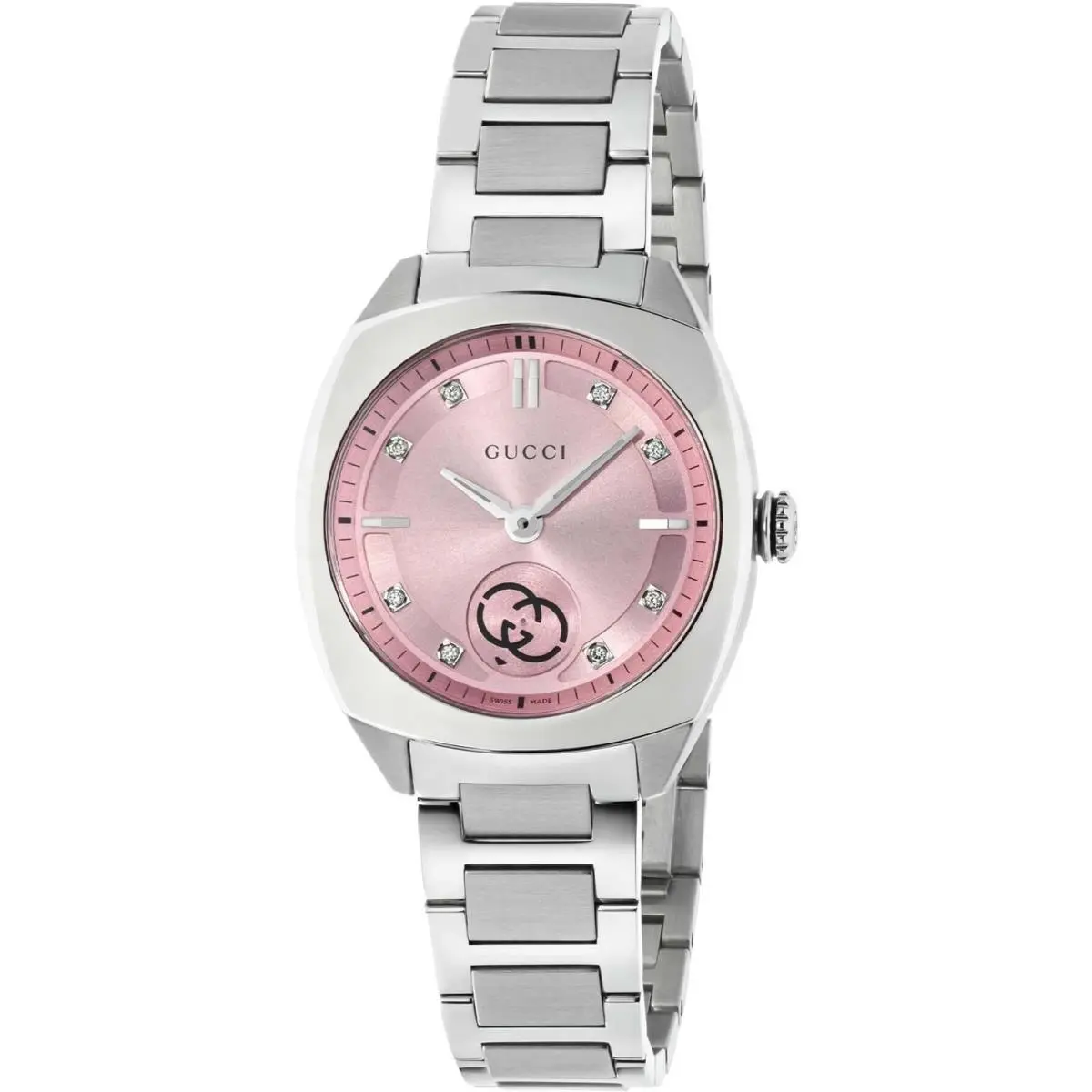 Gucci Interlocking G Quartz 29mm Pink Dial Ladies Watch with Diamonds YA142511 - Dial: Pink, Band: Silver, Bezel: Silver