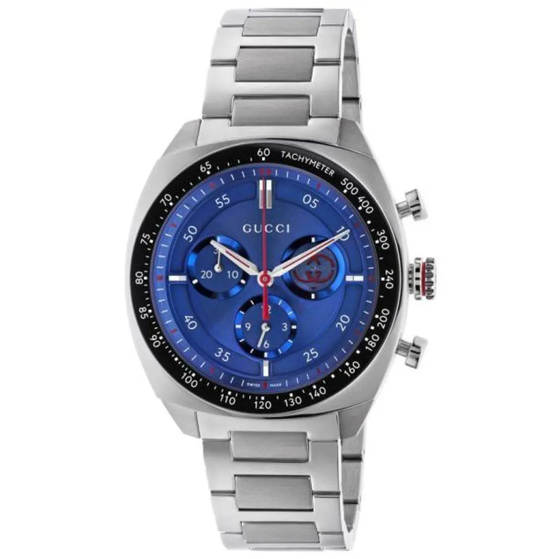 Gucci Interlocking G Quartz Stainless Steel 41mm Blue Dial Men`s Watch YA142317 - Dial: Blue, Band: Silver, Bezel: Black