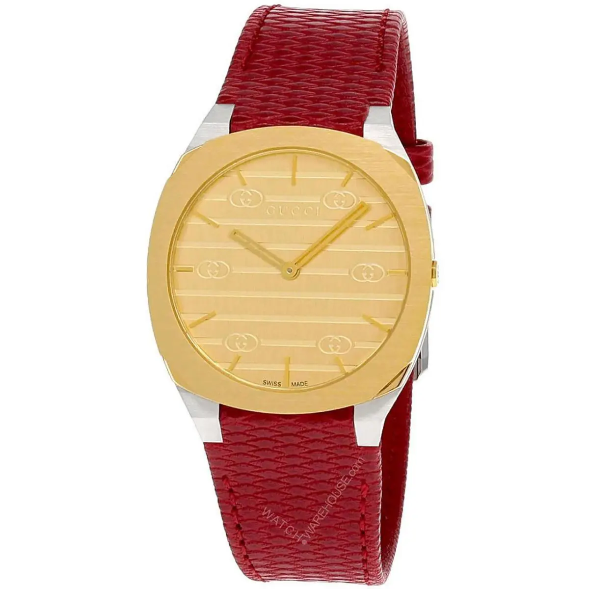 Gucci 25H 34mm Quartz SS Golden Brass Dial Red Leather Unisex Watch YA163415