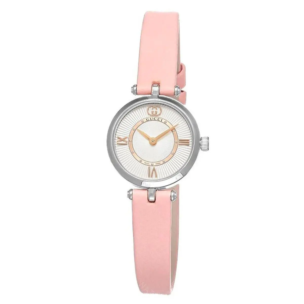 Gucci 24 MM Silver Dial Pink Strap Ladies Watch YA167501 - Dial: Silver, Band: Pink, Bezel: Silver