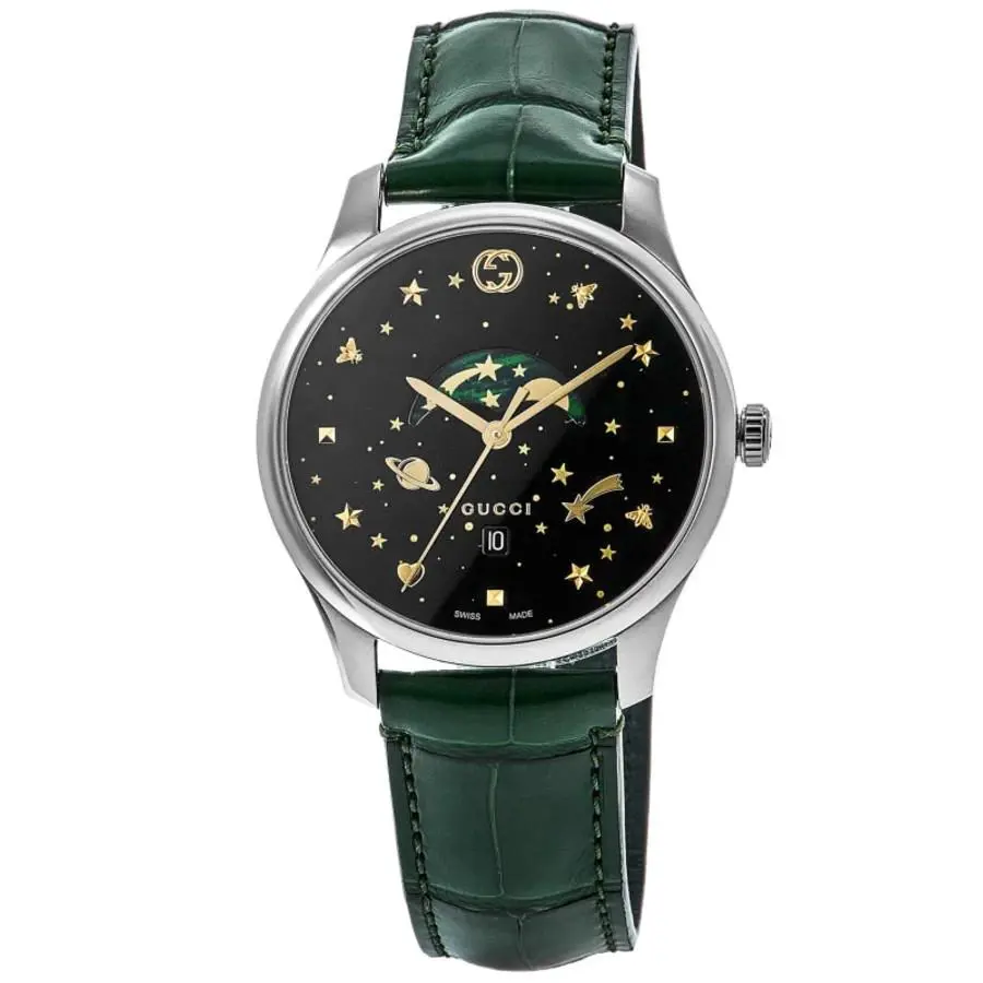 Gucci G-timeless Black Moonphase Dial Green Leather Unisex Watch YA126326 - Face: Black, Dial: Black, Band: Green