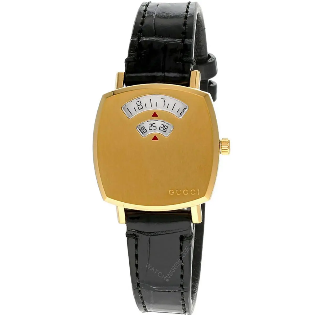 Gucci Grip 27mm Quartz Black Leather Women`s Watch YA157506 - Dial: Yellow Gold, Band: Black, Bezel: Yellow Gold