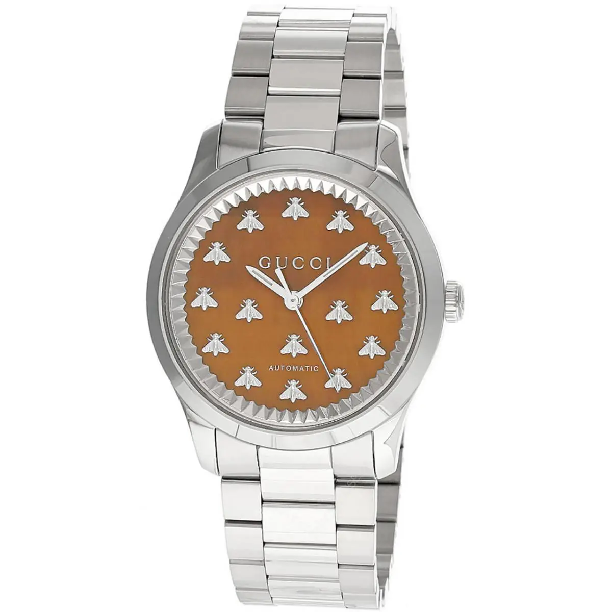 Gucci G-timeless 38mm Auto Brown Dial SS Unisex Watch YA1264177 - Dial: Brown Tiger eye stone with bees, Band: Silver, Bezel: Silver