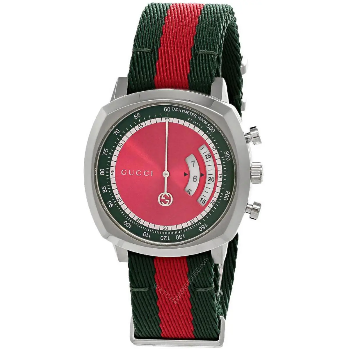 Gucci Grip 40mm SS Red/green Dial Fabric Strap Men`s Watch YA157304 - Dial: Red/Green, Band: Green, Red, Bezel: Silver