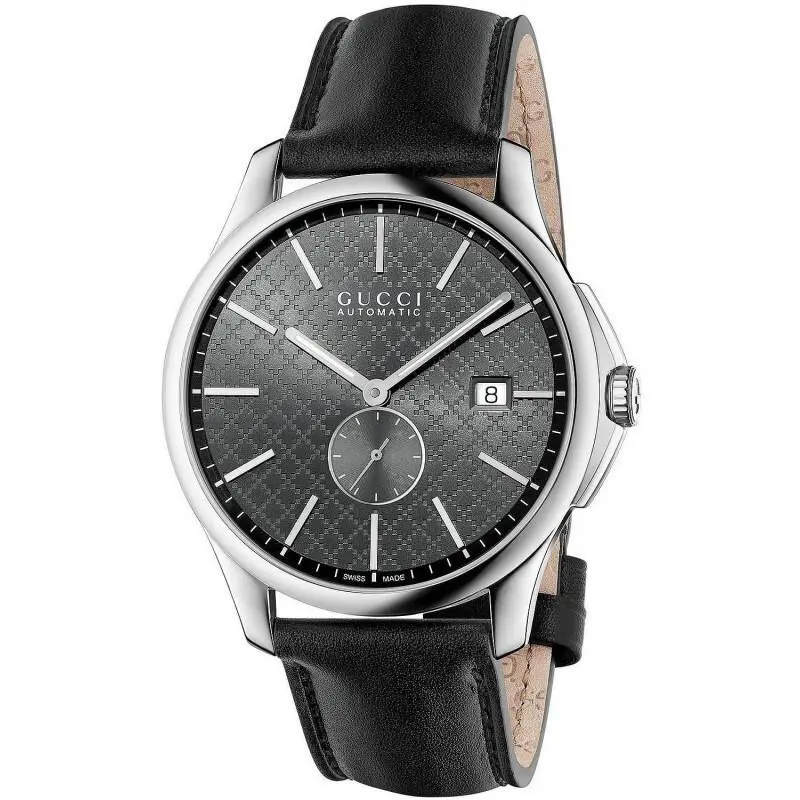 Gucci G-timeless YA126319 Automatic Black Leather Strap 126.3 Series Mens Watch - Dial: Gray, Band: Black, Bezel: Silver