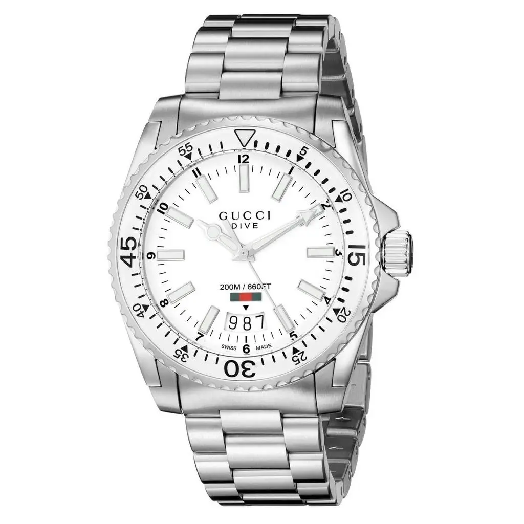 Gucci Men`s 40mm White Dial Bezel Dive Watch All Stainless Steel YA136302