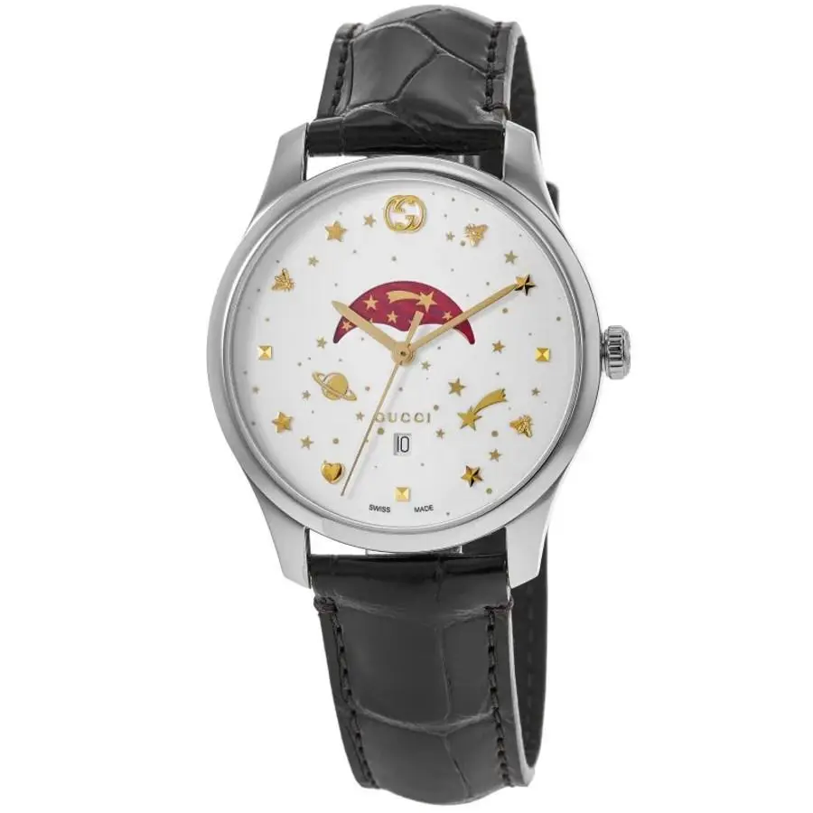 Gucci G-timeless White Moonphase Dial Black Leather Unisex Watch YA126325 - Face: White, Dial: White, Band: Black