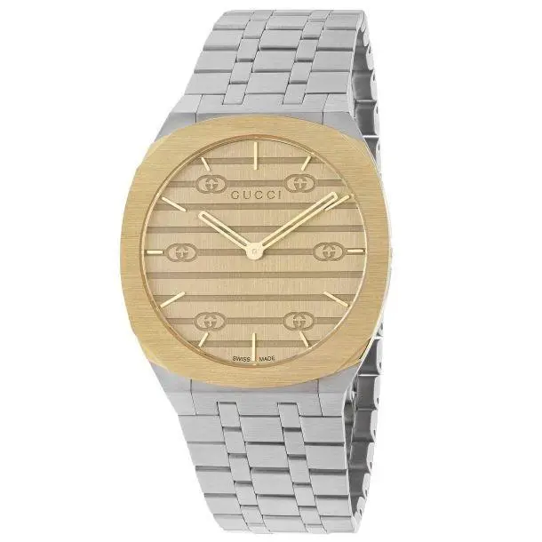 Gucci 25H Golden Brass Dial YA163405 38mm Swiss Quartz Men`s Watch - Silver