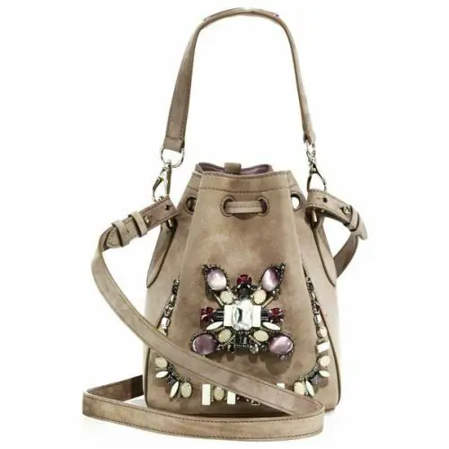 Ralph Lauren Taupe Suede Swarovski Embellished Small Drawstring Baket Handbag