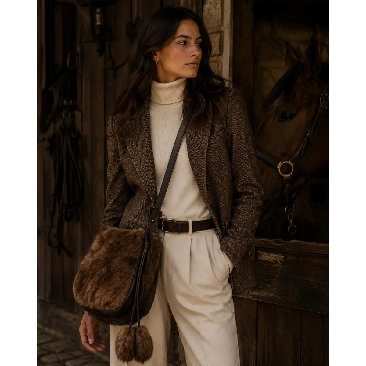 Ralph Lauren Proprietor Suede Shearling Fur Messenger Shoulder Bag Brown