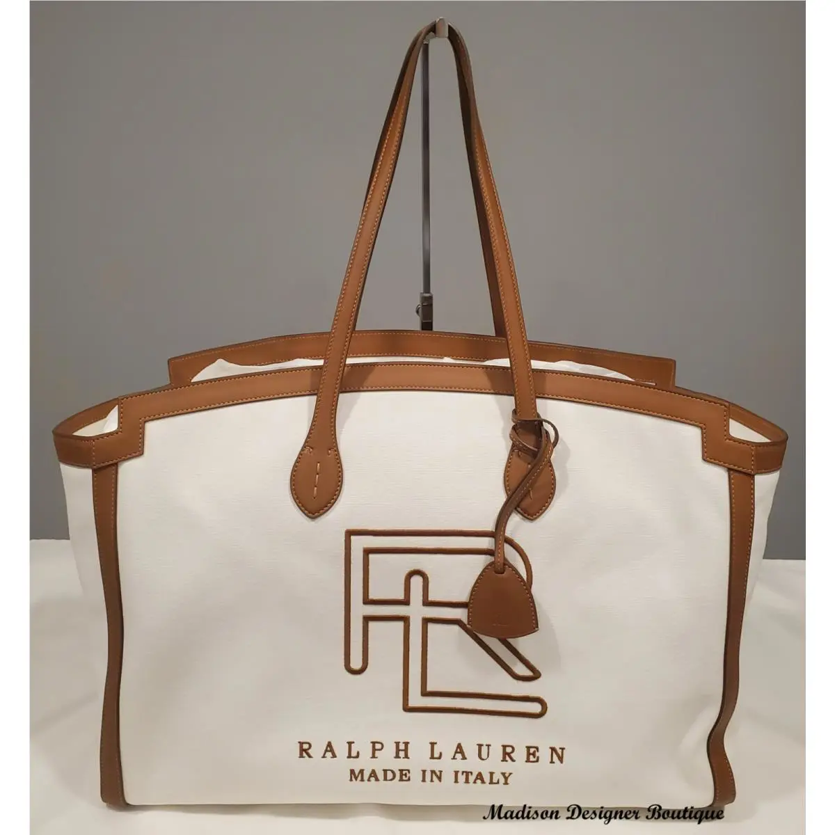 Ralph Lauren Women`s Logo Canvas Leather Beach Tote - White Gold 400