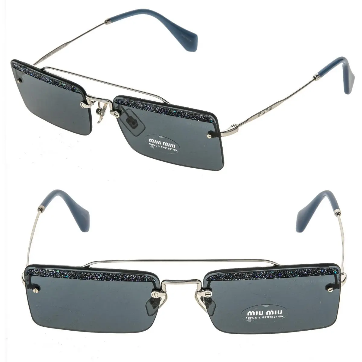 Miu Miu Societe MU59TS 59T Blue Silver Square Crystal Rock Rimless Sunglass 59TS