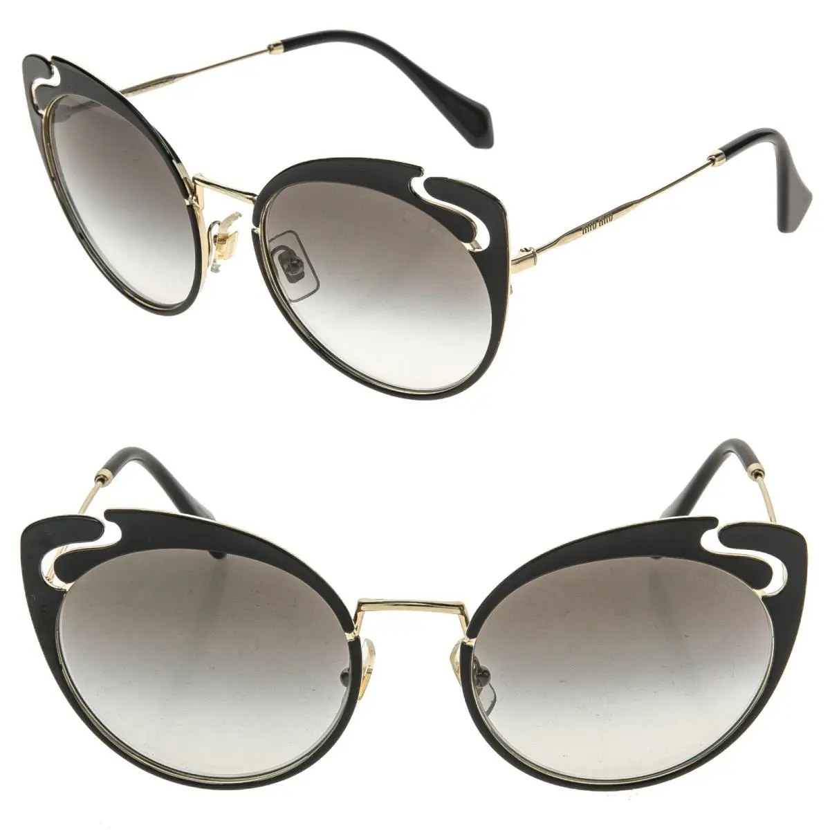 Miu Miu 57T Noir MU57TS Cut Out Pale Gold Black Enamel Cat Eye Metal Sunglasses