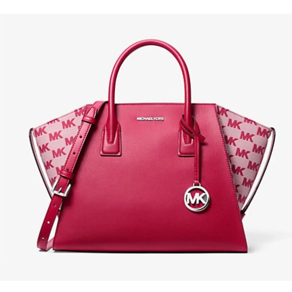 Michael Kors Avril Large Leather and Logo Jacquard Satchel Crossbody Handbag