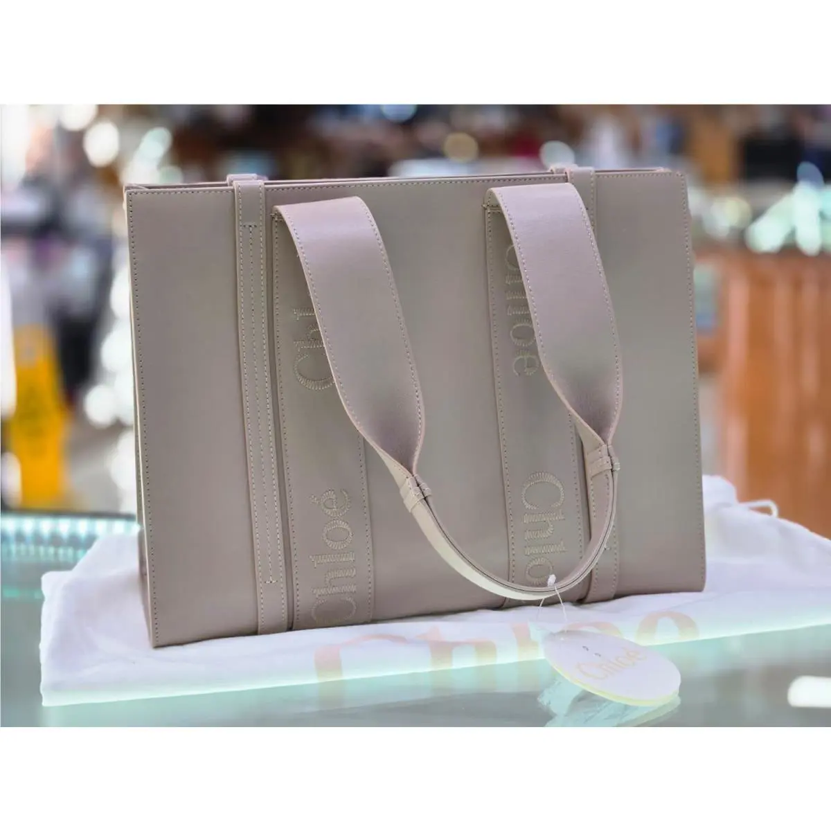 Chloe Medium Logo Tote Handbag Nomad Beige Leather Italy