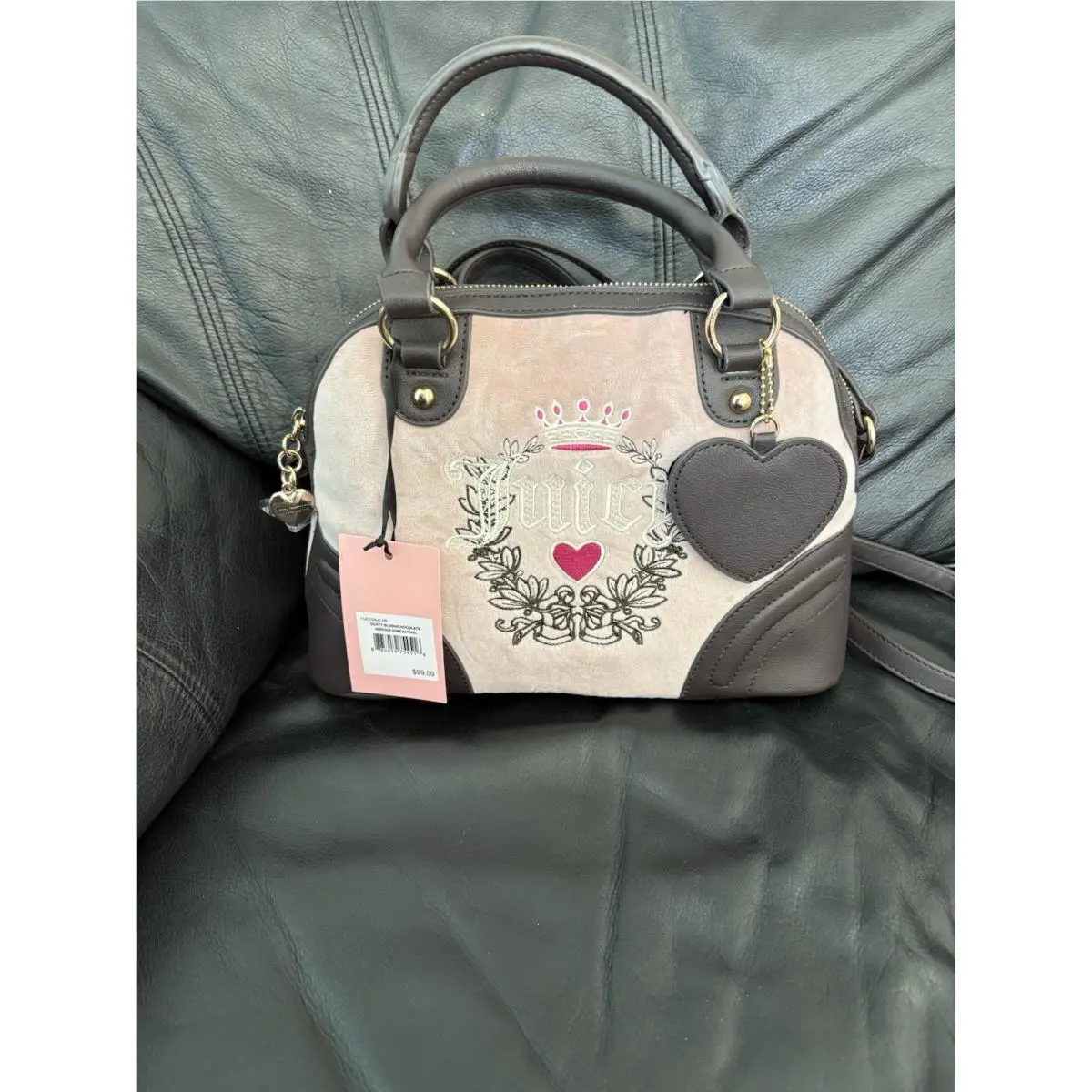 Juicy Couture Heritage Satchel Bag Pink Chocolate Velour Purse Y2K Crossbody