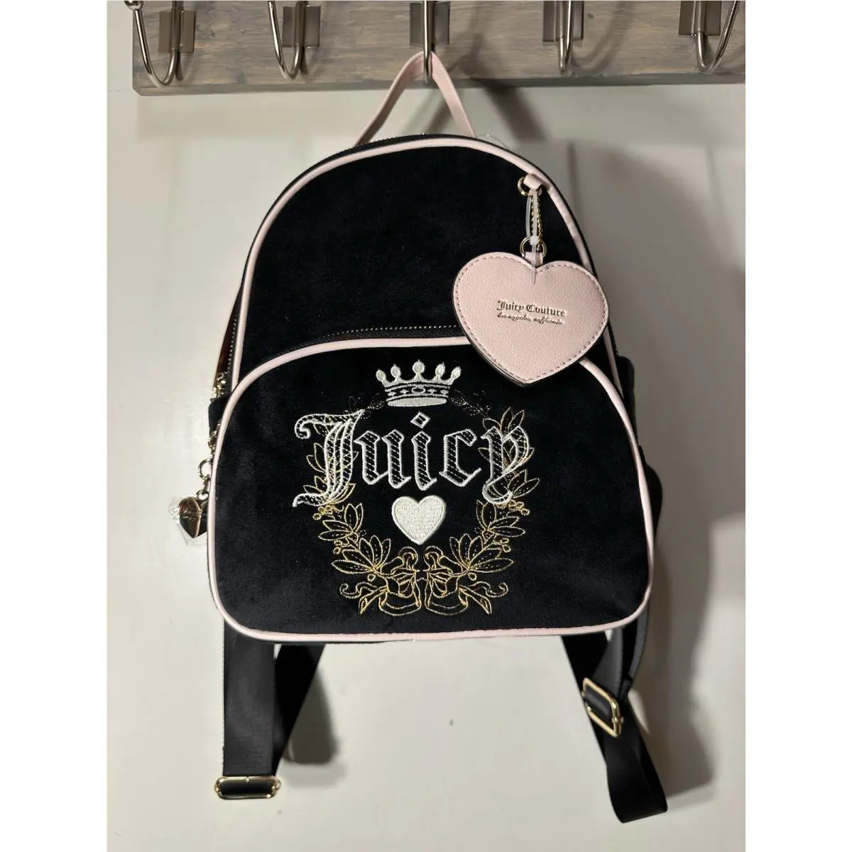 Juicy Couture Backpack Retro Heritage Embroidered Bag - Black Velour Pink