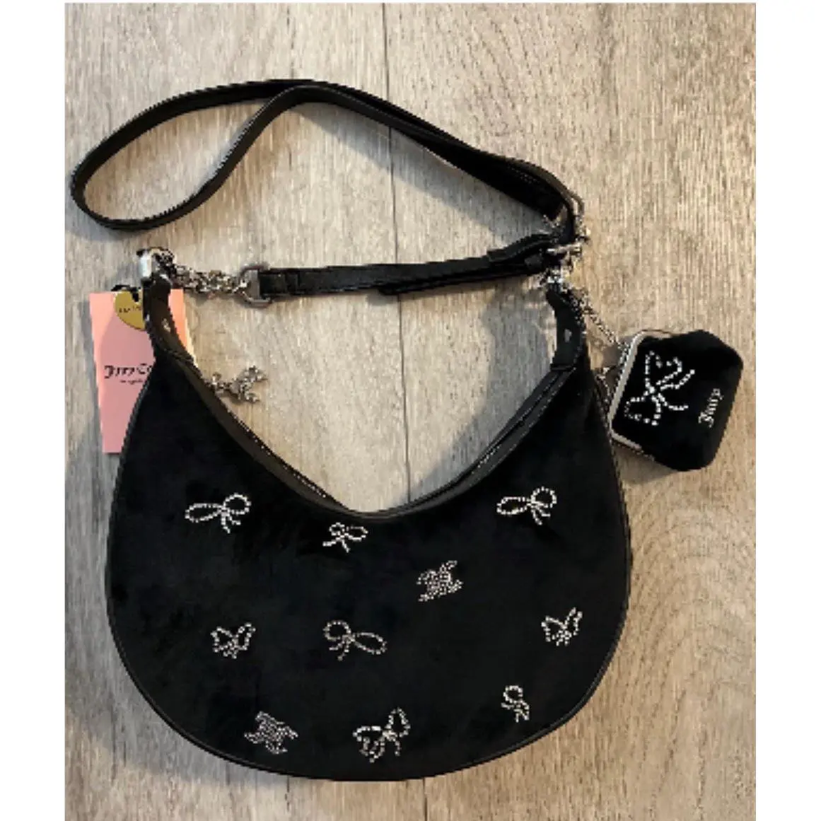 Juicy Couture Delightful Crossbody Bag Black Bows Kisslock Pouch Silver