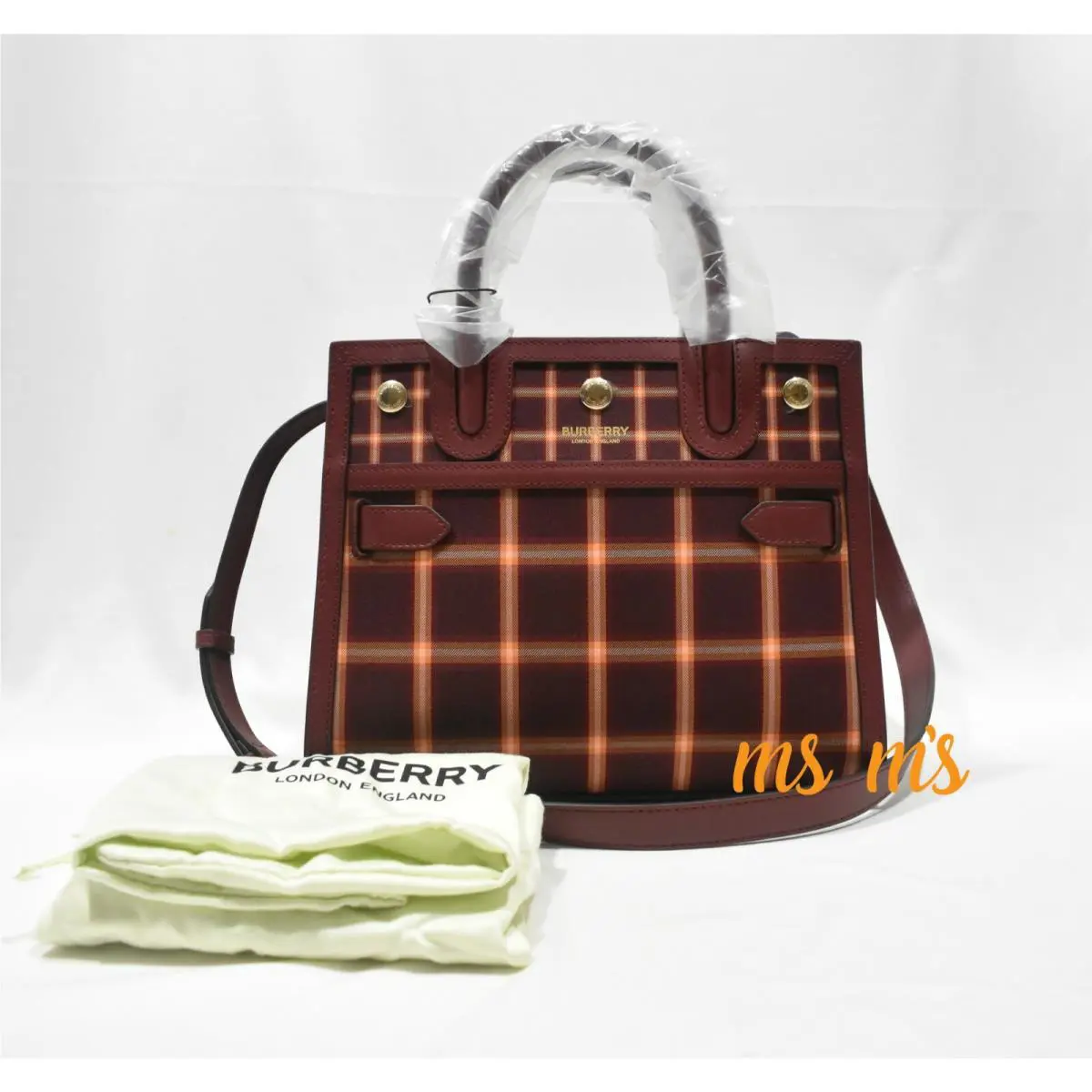 Burberry Burgundy Baby Title Tartan Check Technical Cotton Tote Crossbody
