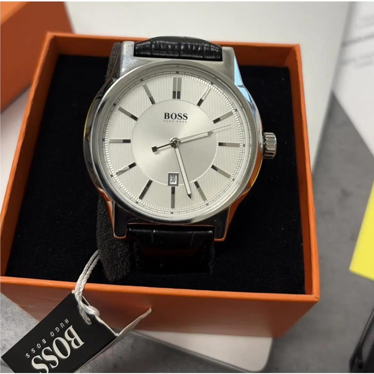 Officer Men`s Black Leather Silver Case Watch 1512911 by Hugo Boss