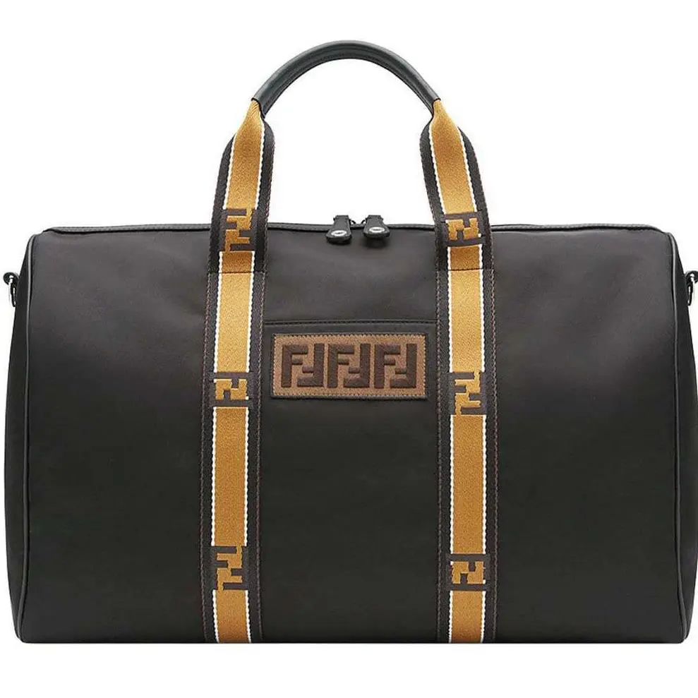 Fendi FF Patterned Holdall Weekender Black Gold Duffel Nylon Leather