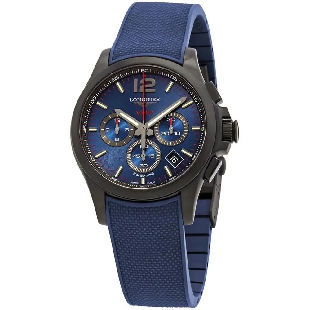 Longines Conquest V.h.p. Chrono Black Pvd Blue Rubber Date Mens Watch L37172969 - Dial: Blue, Band: Blue, Bezel: Black
