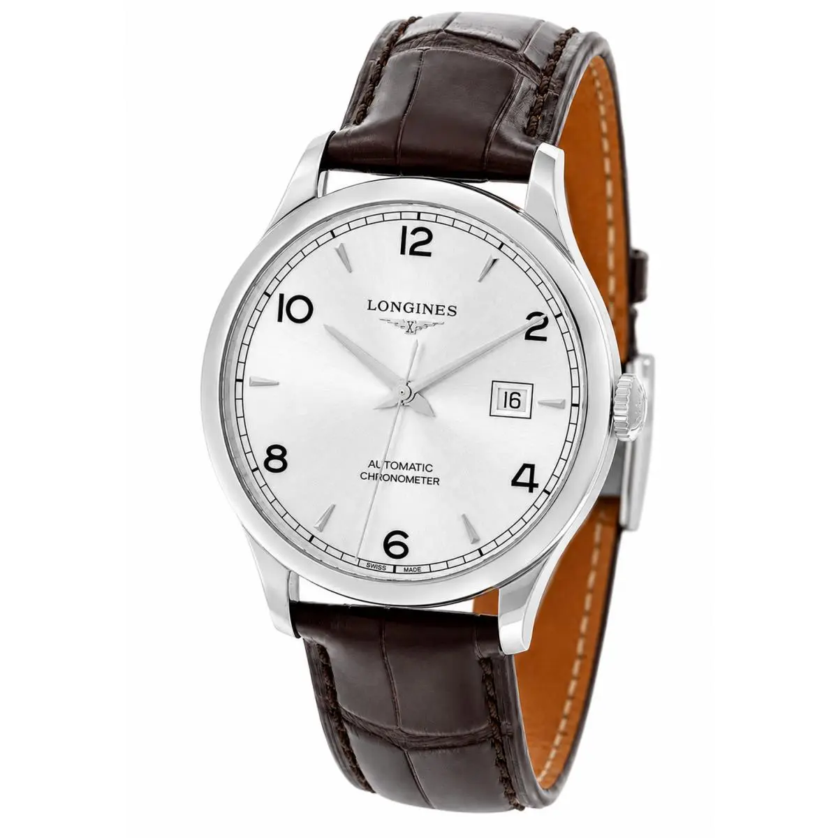 Longines Record 40mm Silver Dial Brown Leather Men`s Watch L2.821.4.76.2 - Dial: Silver, Band: Brown, Bezel: Silver