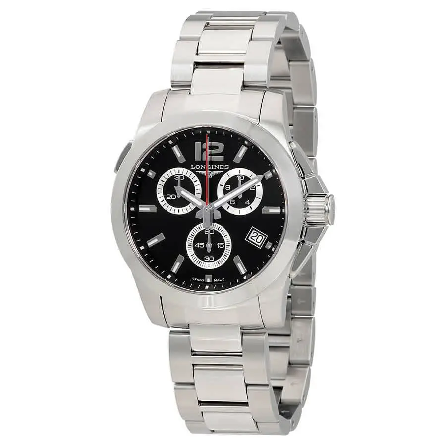 Longines Conquest Chronograph Quartz Black Dial Men`s Watch L3.702.4.56.6 - Dial: Black, Band: Silver, Bezel: Silver