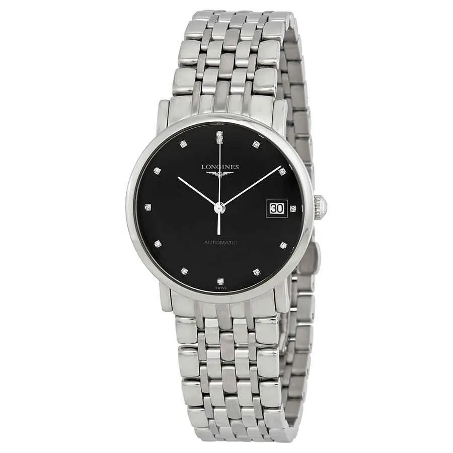 Longines Elegant Automatic Black Dial Midsize Watch L48094576 - Dial: Black, Band: Silver, Bezel: Silver