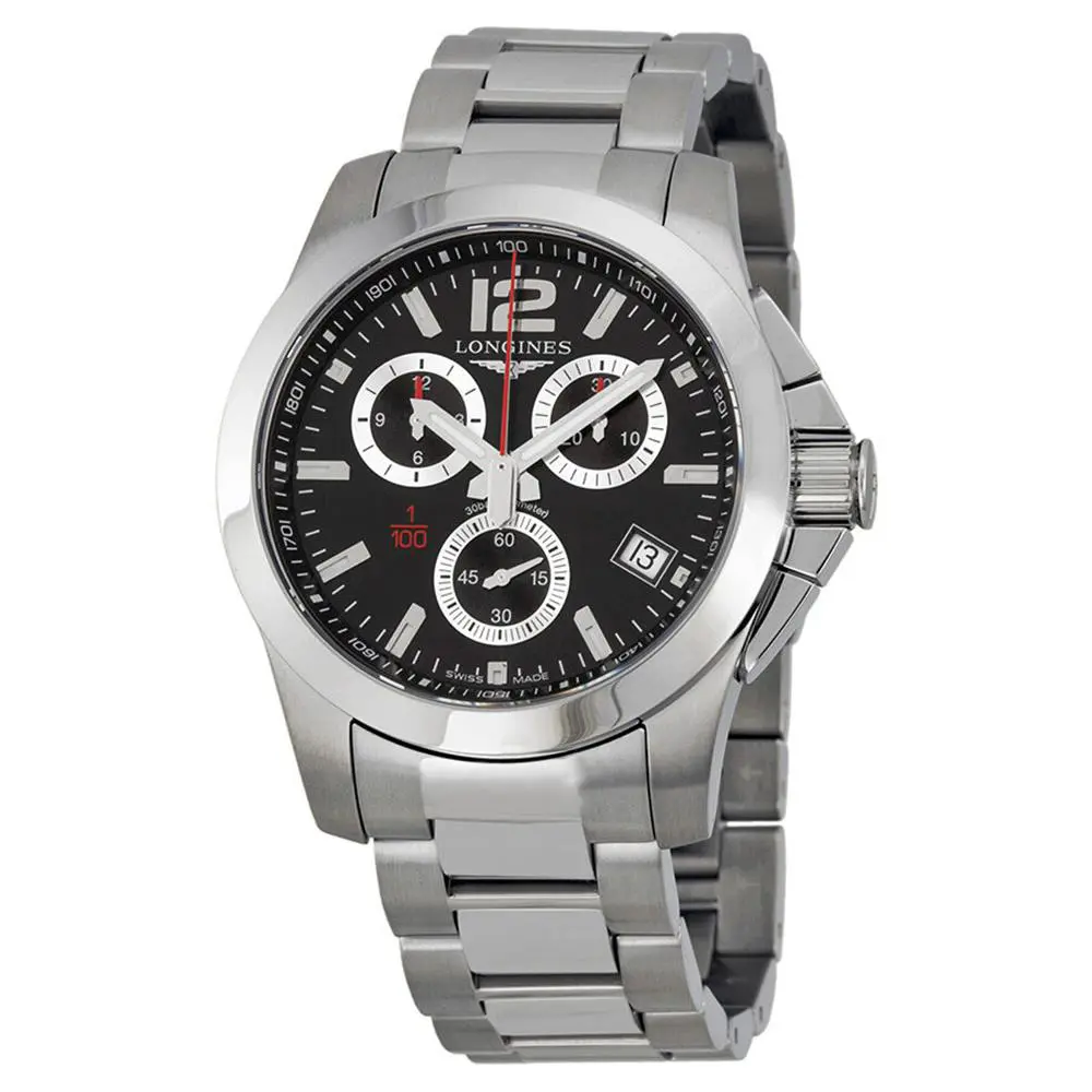 Longines Conquest Chronograph Steel Date Divers Quartz Mens Watch L3.700.4.56.6 - Dial: Black, Band: Silver, Bezel: Silver